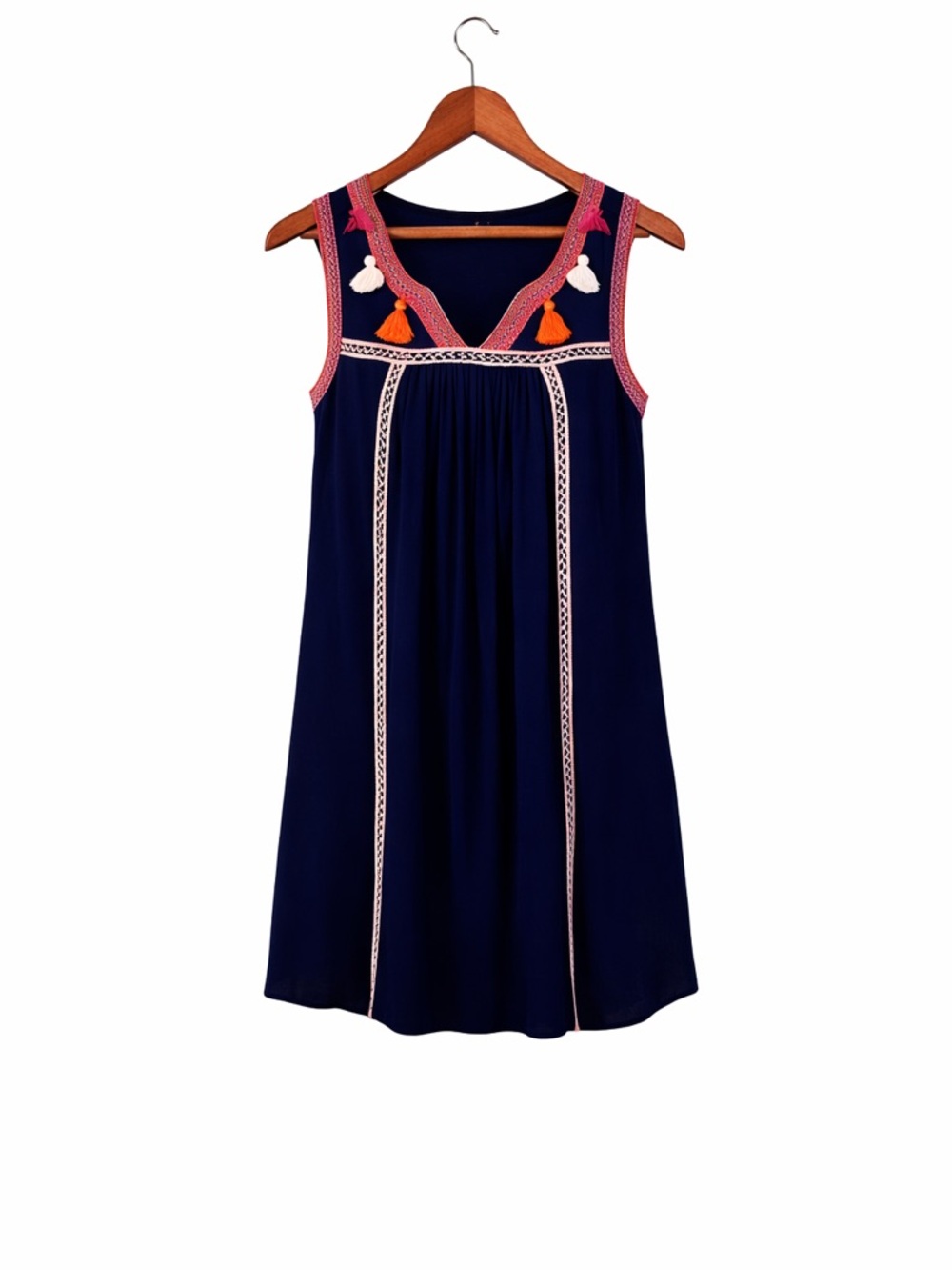 Red Camel Medium Navy Embroidered Tassel Trim Boho Mini Dress